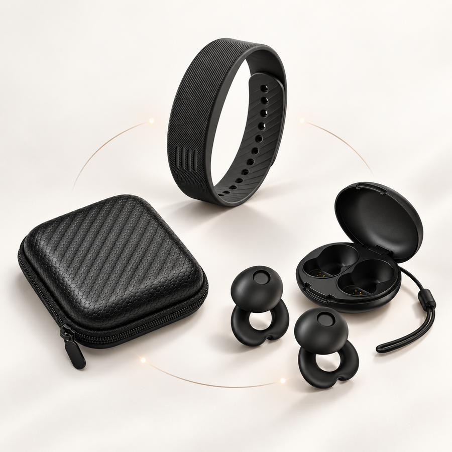 The complete SilentRise set: travel case, vibrating alarm band and sleep ear plugs