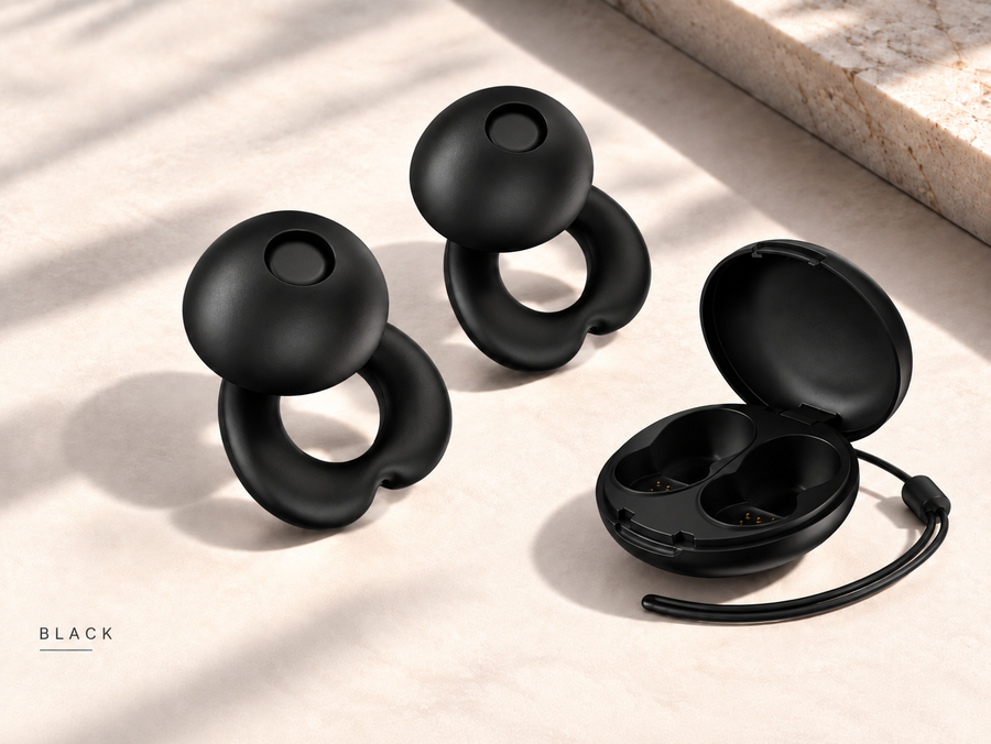 SilentRise Sleep Ear Plugs in black with their carry case