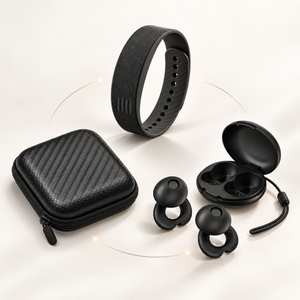 The complete SilentRise set: travel case, vibrating alarm band and sleep ear plugs