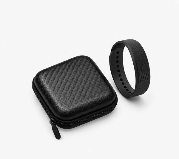 SilentRise Travel Case, black hard-shell zip case beside the SilentRise alarm band on white