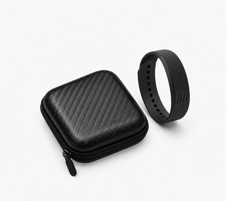 SilentRise Travel Case, black hard-shell zip case beside the SilentRise alarm band on white