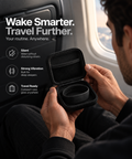Wake smarter, travel further. The case open on a flight with the band inside: silent, strong vibration, travel ready